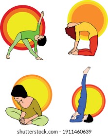 A set of yoga postures figures, 4 different Yoga poses. Vector, illustration.