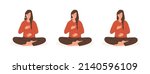 Set of yoga postures. Young female doing abdominal exercise. Woman exhaling and inhaling. Deep belly breathing practice. Meditation, diaphragm breathing, pranayama yoga. Vector flat style illustration