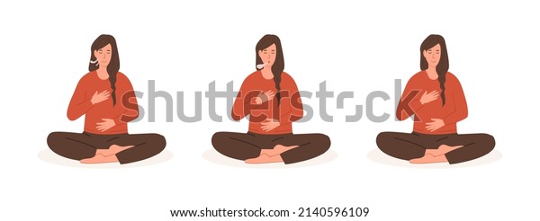 Set of yoga postures. Young female doing\
abdominal exercise. Woman exhaling and inhaling. Deep belly\
breathing practice. Meditation, diaphragm breathing, pranayama\
yoga. Vector flat style\
illustration