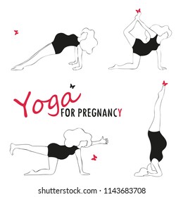 Set yoga for pregnant women. Asana for pregnant women.  vector silhouette of pregnant women practicing yoga. Logo for banner, advertising, poster,linear design