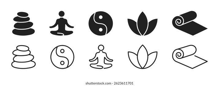 Set of yoga relaxation icons. Meditation logo. Linear and silhouette style.