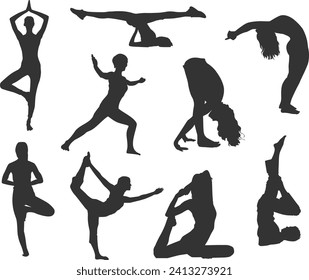 Set of yoga silhouette different poses, woman relaxing, stretching