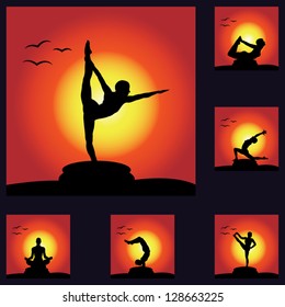 Set of Yoga Silhouette at Sunset. Vector illustration