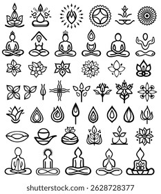 Set of yoga silhouettes on white background. Vector illustration of yoga symbols. Meditation silhouette, Yoga icon template color editable. 