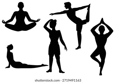 Conjunto de siluetas de yoga Vector. Icono de Vector de hombre y mujer de yoga. Ilustración vectorial de silueta de yoga y meditación.