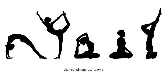 Conjunto de siluetas de yoga. Mujeres practicando yoga. Posturas diferentes. 