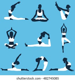 set of yoga silhouettes.yoga positions.Vector illustration isolated on blue background