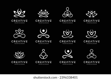 Conjunto de ígonos de diseño de logotipo de yoga y spa para negocios de lujo elegante simple, en color blanco