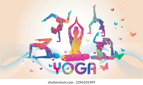 Set Of Yoga, Sport background. Ballerina in dance colorful splash paint, Girl gymnast in gymnastic. Graphic eps for logo, brochures. Vector illustration.
