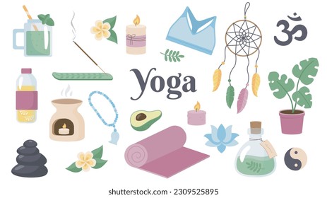 Set for yoga. Sport equipment. Rug, top, avocado. Leisure, relaxation and wellbeing. Healthy lifestyle and skincare and aromatherapy. Cartoon flat vector collection isolated on white background