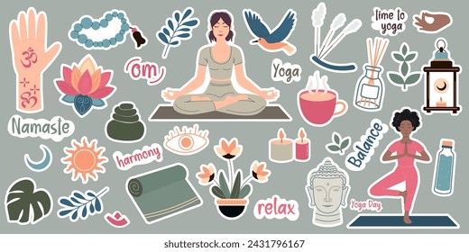 Set of yoga stickers in flat style