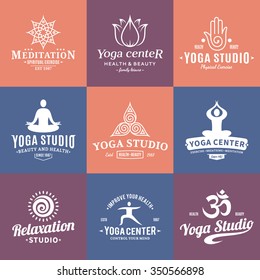 Set of yoga studio and meditation class logo, icons and design elements.