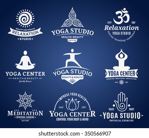 Set of yoga studio and meditation class logo, icons and design elements.