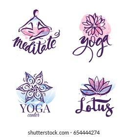 Set of yoga studio and meditation class logo, icons and design elements. Health care, sport and fitness design elements.