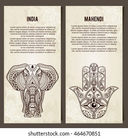 Set of yoga symbols Horizontal banners.Indian Hand Drawn Hamsa with All Seeing Eye, Elephant. Arabic and Jewish amulet. Vector Illustration