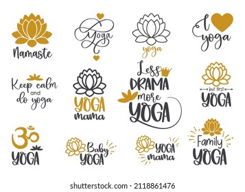 Set Of Yoga Symbols And Inscriptions. Lotus Flower And OM Yoga Logo. Funny Yoga Quotes Template