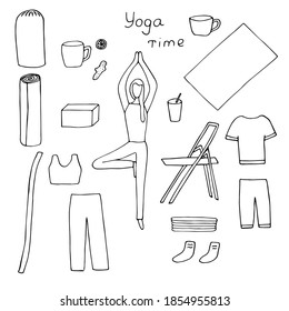 Juego de cliparts de yoga, ilustración vectorial, chica en asana de árbol, ropa deportiva, suministros de yoga, bebidas saludables, dibujo a mano