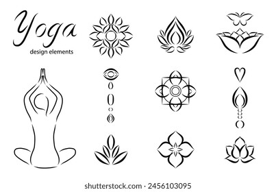 Set of yoga vector icons templates and relaxation symbols in outline style. Woman silhouette in line art style. Collection of handdrawn yoga graphic design elements for spa center or yoga studio