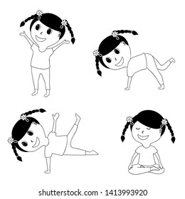 set of yoga vector illustration for children, little cute girl does exercises,  linear design 