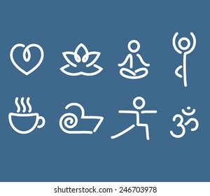 set of yoga and wellness themed flat white icons on blue background