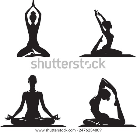 Set of yoga women silhouettes vector art illustration.