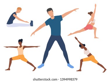 Set of yogi. Men and women doing yoga, holding poses, stretching muscles. Sport concept. Vector illustration can be used for topics like fitness or body training