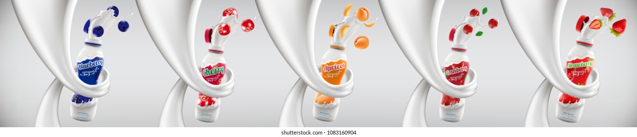 Set of Yogurt bottle ads in milk swirl, commercial vector yogurt mock-up hyperrealistic illustration