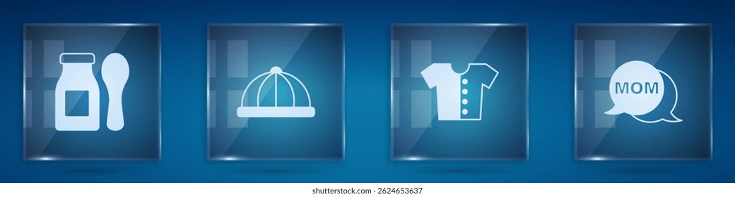 Set Yogurt in bottle with spoon, Baby hat, t-shirt and Speech bubble mom. Square glass panels. Vector