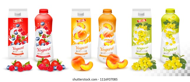 Set of yogurt in bottles  and boxes with fruit and berries. Strawberry, raspberry, blueberry, grapes and peach. Design template. Vector