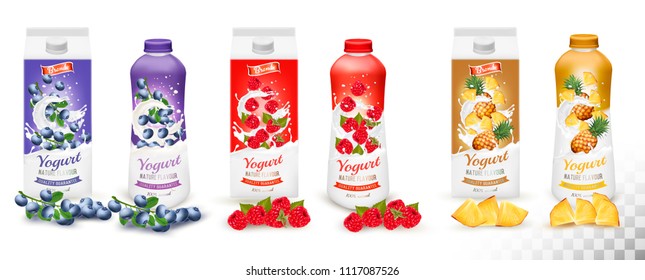 Set of yogurt in bottles  and boxes with fruit and berries. Blueberry, raspberry and pineapple. Design template. Vector