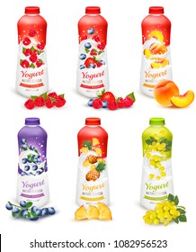 Set of yogurt in bottles with fruit and berries. Design template. Vector