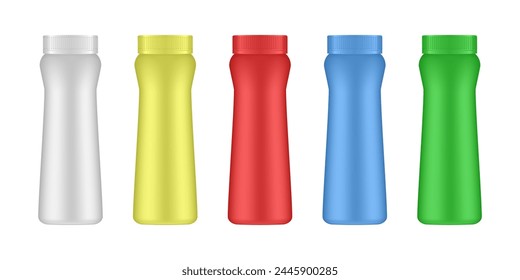 Set of yogurt bottles. White, yellow, red, green and blue. 3d mockup.