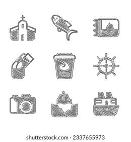Set Yogurt container, Iceberg, Cruise ship, Ship steering wheel, Photo camera, Socks, Ticket Iceland and Church building icon. Vector
