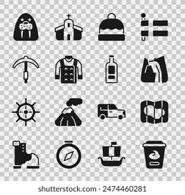 Set Yogurt container, Map of Iceland, Waterfall, Beanie hat, Sweater, Pickaxe, Walrus animal and Bottle vodka icon. Vector