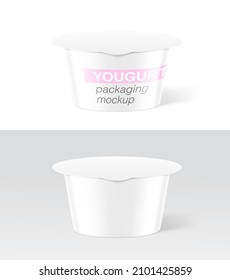 Set of yogurt container packaging mockup. Vector illustration on different backgrounds. Easy to use for presentation your product, idea, design. Front and side view. EPS10.	