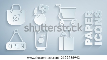 Set Yogurt container, Shopping cart, Hanging sign with Open, Paper bag bread loaf, Supermarket food products price label and recycle icon. Vector