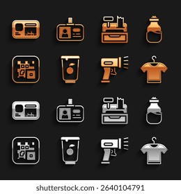 Set Yogurt container, Spice can, T-shirt, Scanner scanning bar code, QR, Cash register machine, Identification badge and  icon. Vector
