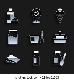 Set Yogurt container with spoon, Bottle milk, Drinking yogurt bottle, Butter butter dish, Cheese, Ice cream waffle cone and Whipped icon. Vector