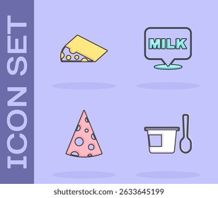 Set Yogurt container with spoon, Cheese,  and Lettering milk icon. Vector