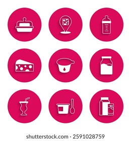 Set Yogurt container, with spoon, Paper package for kefir, Bottle milk, Milkshake, Cheese, Baby bottle and Butter butter dish icon. Vector