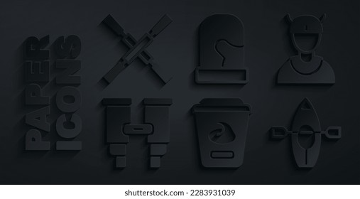 Set Yogurt container, Viking head, Binoculars, Kayak and paddle, Christmas mittens and Oars or paddles boat icon. Vector