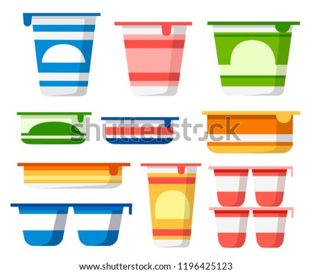 Set of yogurt containers. Colored template packaging for yogurt and mousse. Plastic pot. Flat vector illustration isolated on white background.