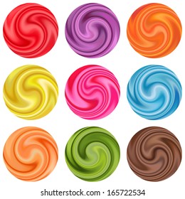 Set of yogurt cream curl or lollipop or a piece of silk fabric. Vector illustration for sweet elegant design. Bright red, blue, yellow, green, pink, orange, brown, purple, chocolate and white color.