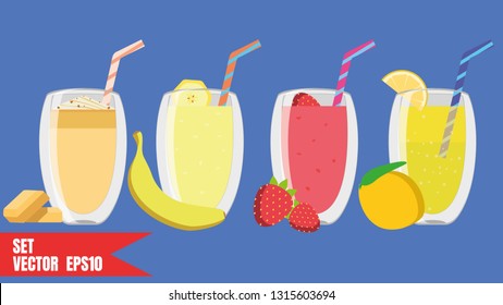 Set Yogurt or milky dessert on modern glass. White Chocolate dessert, banana, Strawberry and lemon juice. Milk product. Organic healthy product. Vector template illustration flat style - Vector eps10 