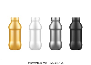 Set of yogurt plastic bottle isolated mockups - gold, silver, black, white with screw cap. Packaging design. Blank dairy product template - milk, juice, tea container. 3d realistic vector illustration