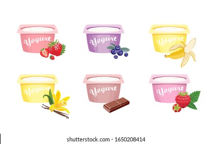Set of yogurt in plastic containers. Strawberries, raspberries, blueberries, vanilla, chocolate, banana yoghurt isolated on white. Vector illustration of sweet dairy product in cartoon flat style.