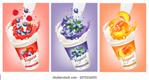 Set of yogurt with strawberry, blueberry, raspberry, peach  in a milk and jiuce splash. Design template. Vector