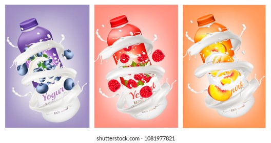 Set of yogurts with berries and fruit falling into milk and juice splashes. Vector. 