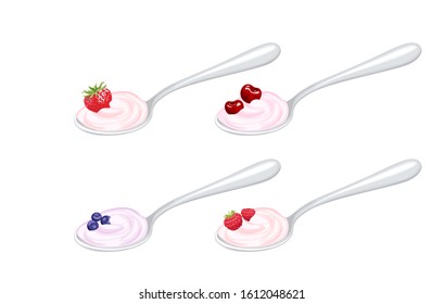 Set of yogurts with different berries in spoons. Vector illustration of a metal spoon with cherry, strawberry, raspberry and blueberry yogurt isolated on a white background. Cartoon flat style.
