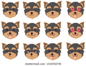 Set of Yorkshire terrier dog emotions. Funny Smiling and angry, sad and delight dog. Face of dog cartoon emoji. Illustration about kawaii animal and pet in flat vector style.